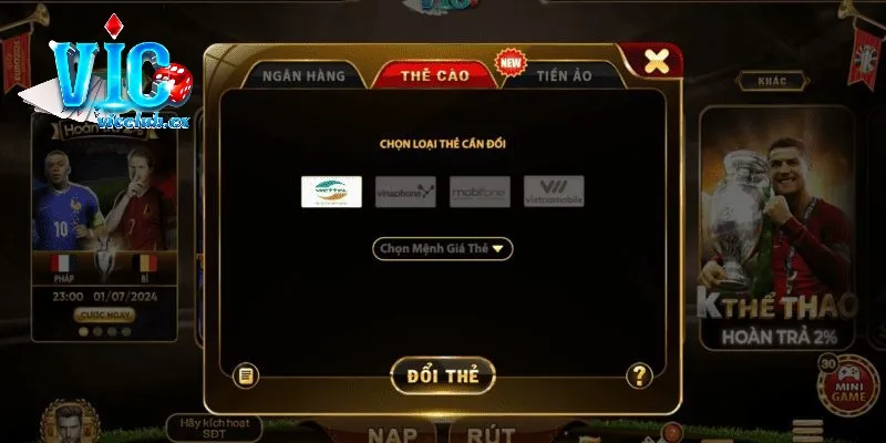Chuyển tiền thưởng từ Vicclub thành thẻ cào điện thoại